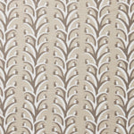 Fabric swatch with a horizontal striped pattern of curved branches topped with tiny fruits, in shades of tan, taupe and white.